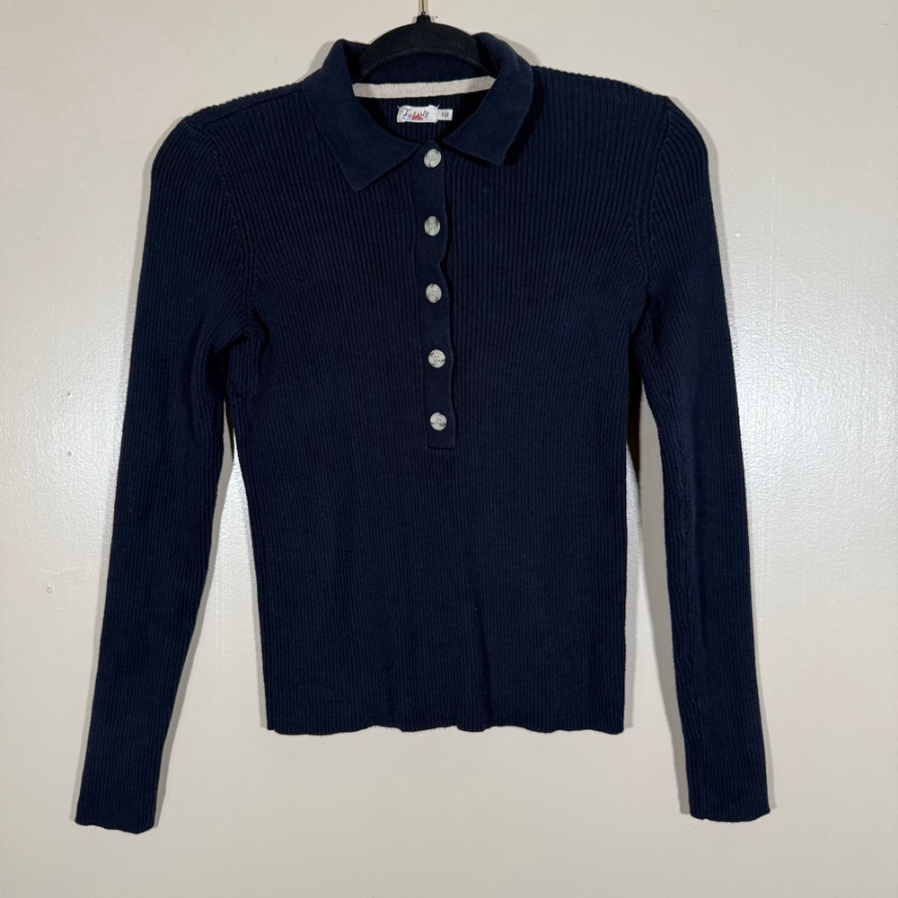 Faherty Mikko Polo Cashmere Cotton Ribbed Sweater Navy Bella Swan Small - Picture 2 of 8